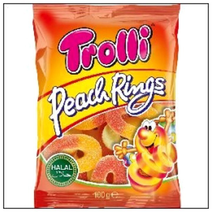 CAT-01376.jpg SACHET HALAL PEACH RINGS 100G TROLLI - Image 1