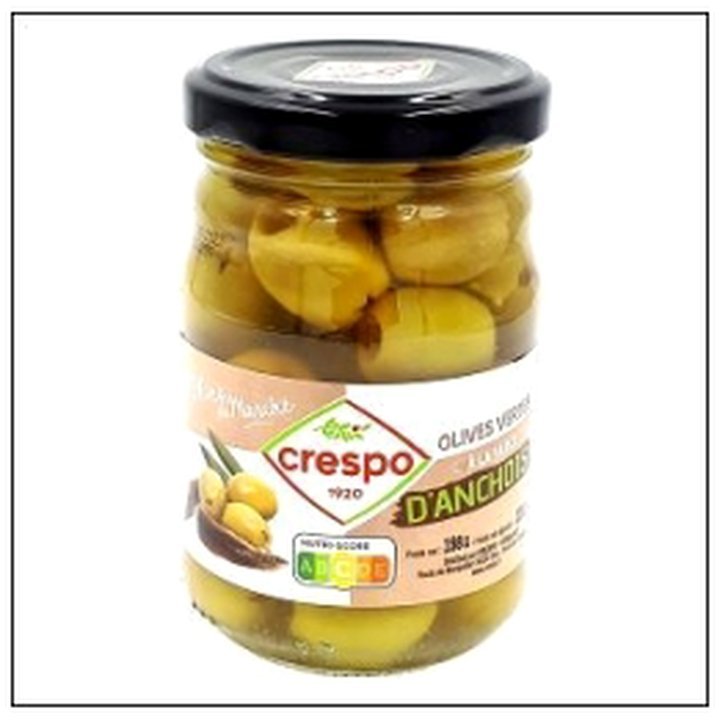 CAT-01939.jpg BOCAL 120G OLIVES VERTES FOURREES ANCHOIS CRESPO - Image 1
